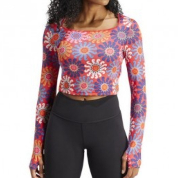 Adidas x FARM Rio Long Sleeve Crop Top S Red Pink Floral NWT Activewear - Picture 2 of 12